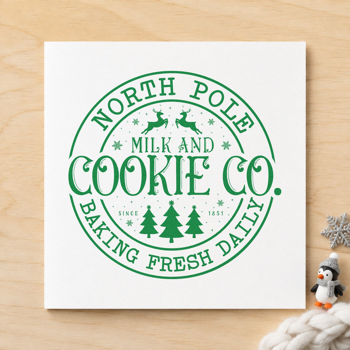 North Pole Cookie Company Circle craft stamp imprinted in green ink on paper, a design suited to framed round plaque.