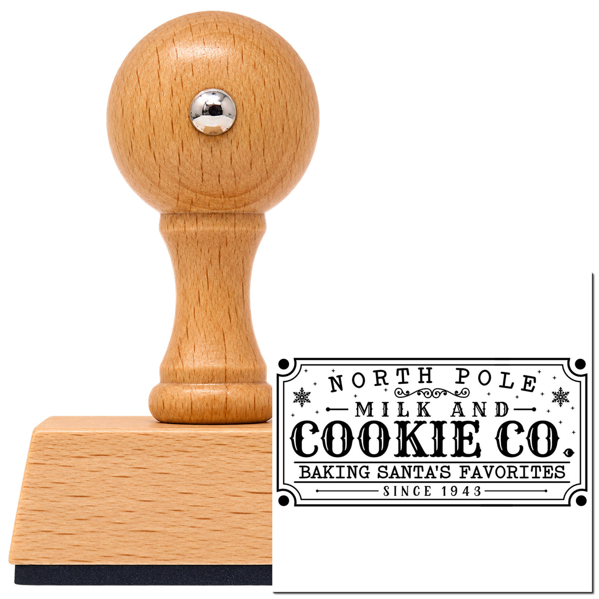 Vintage Pro beech wood stamp with a round knob handle, shown with its black North Pole Santa's Favorites Sign imprint on white.