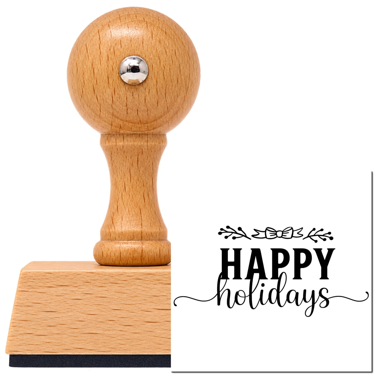 Vintage Pro beech wood stamp with a round knob handle, shown with its black Happy Holidays Leafy Flourish imprint on white.