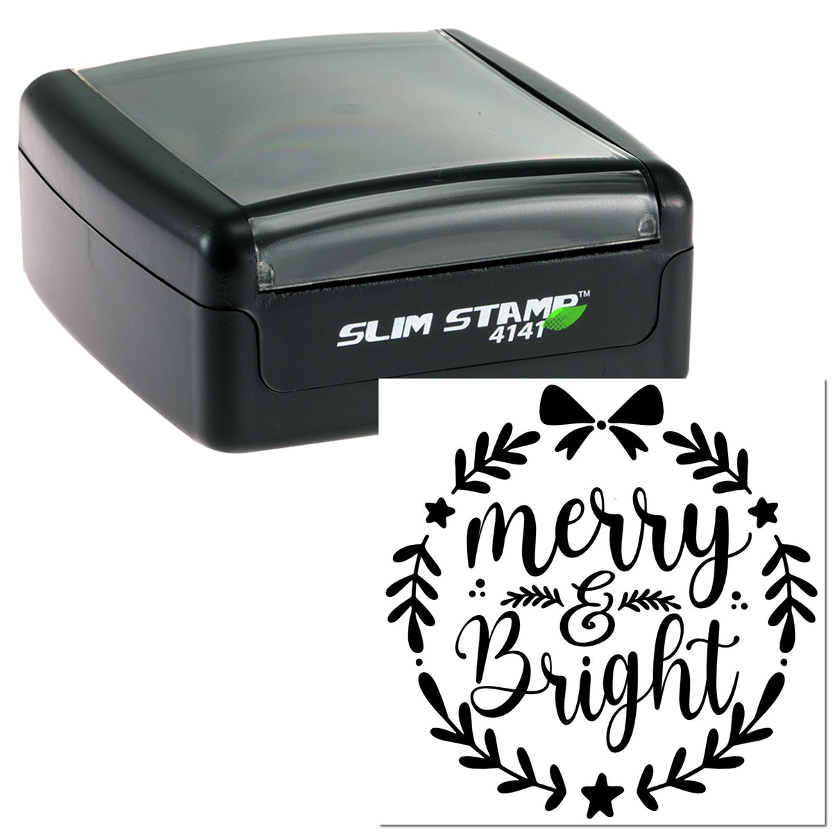 Black slim self-inking stamp with gray cover and a black merry & bright holiday seal wreath.
