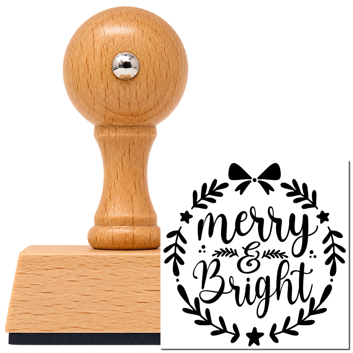Vintage Pro beech wood stamp with a round knob handle, shown with its black Merry & Bright Leaf Wreath imprint on white.