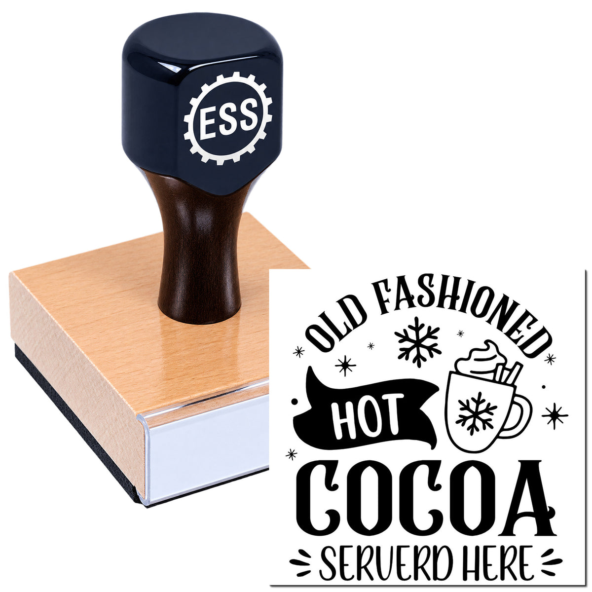 Dark blue rubber stamp on wooden block with ESS logo beside a black Old Fashioned Hot Cocoa seal design.