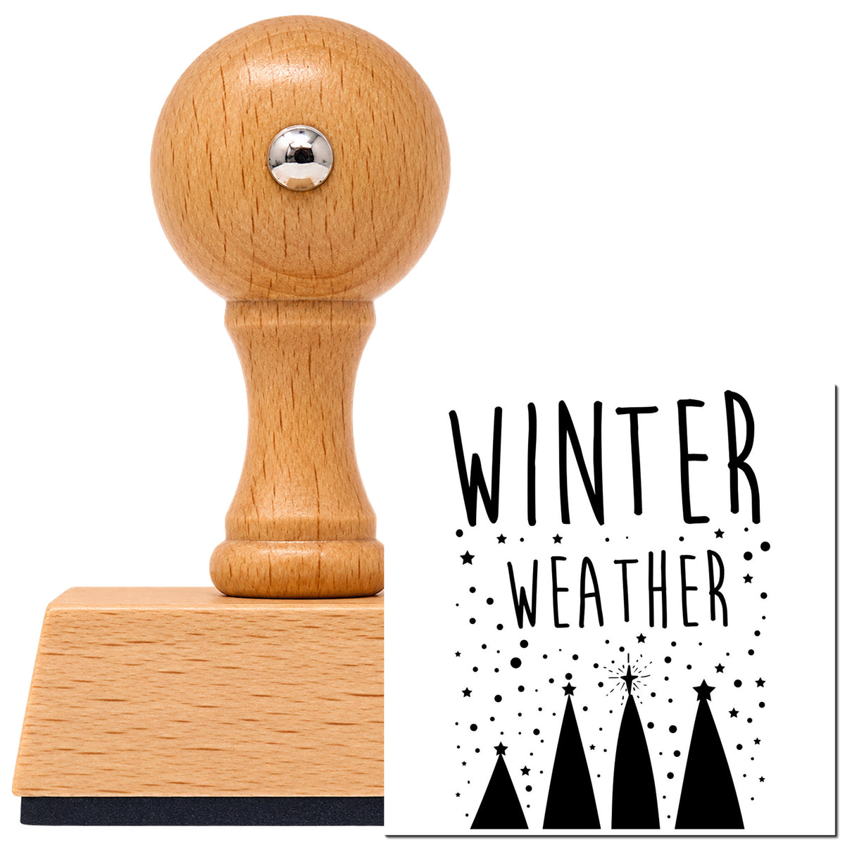 Vintage Pro beech wood stamp with a round knob handle, shown with its black Winter Weather Four Trees Lettering imprint on white.
