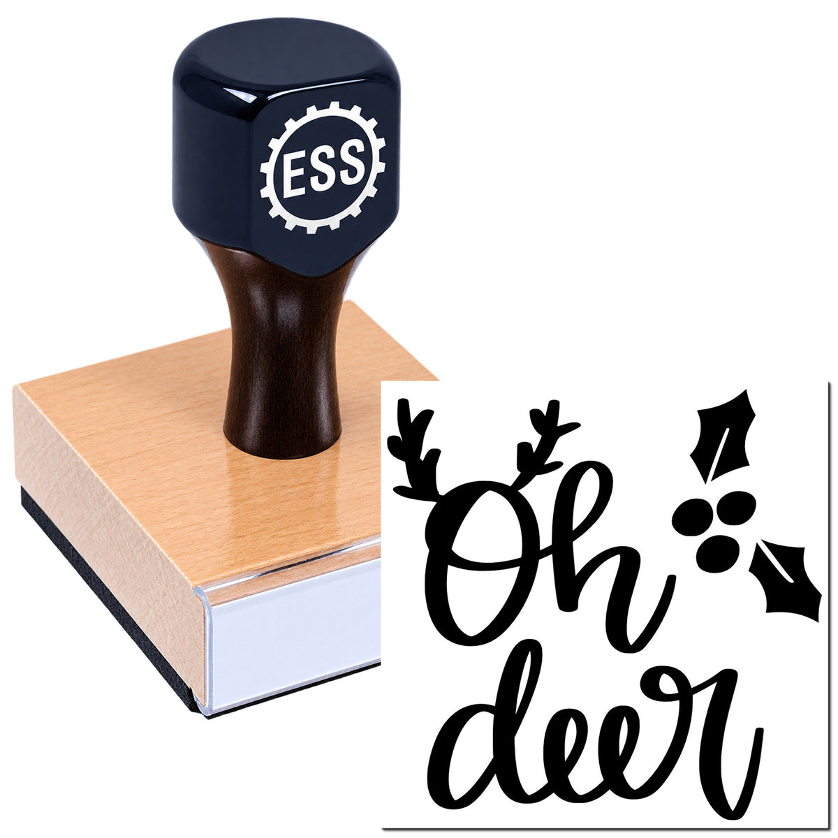 Dark blue ESS stamp on wood block with black deer-themed stamp and seal designs