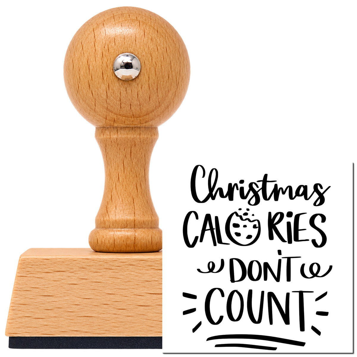 Vintage Pro beech wood stamp with a round knob handle, shown with its black Christmas Calories Don't Count Cookies imprint on white.