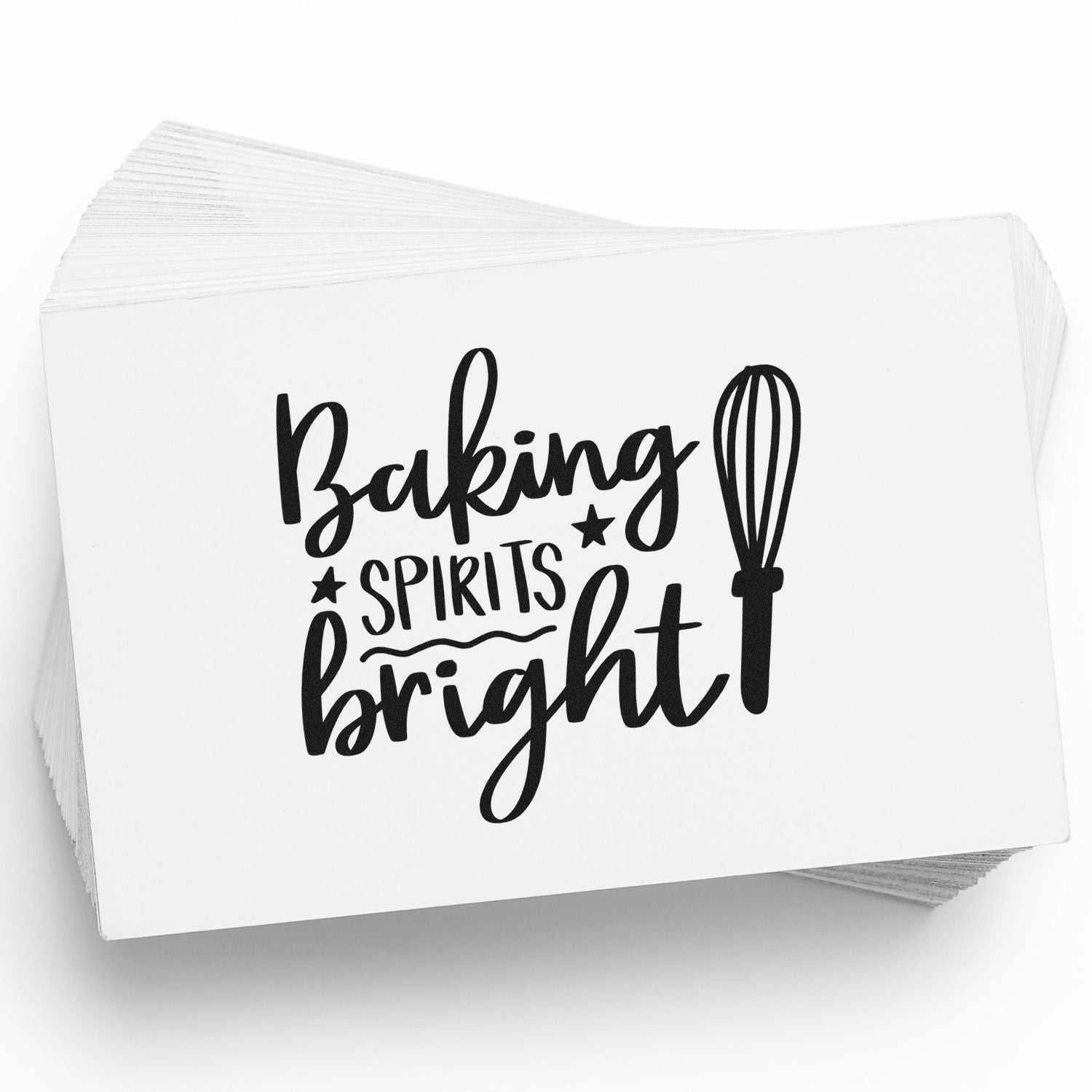 White stamp and seal cards with black Baking Spirits Bright lettering and whisk graphic.