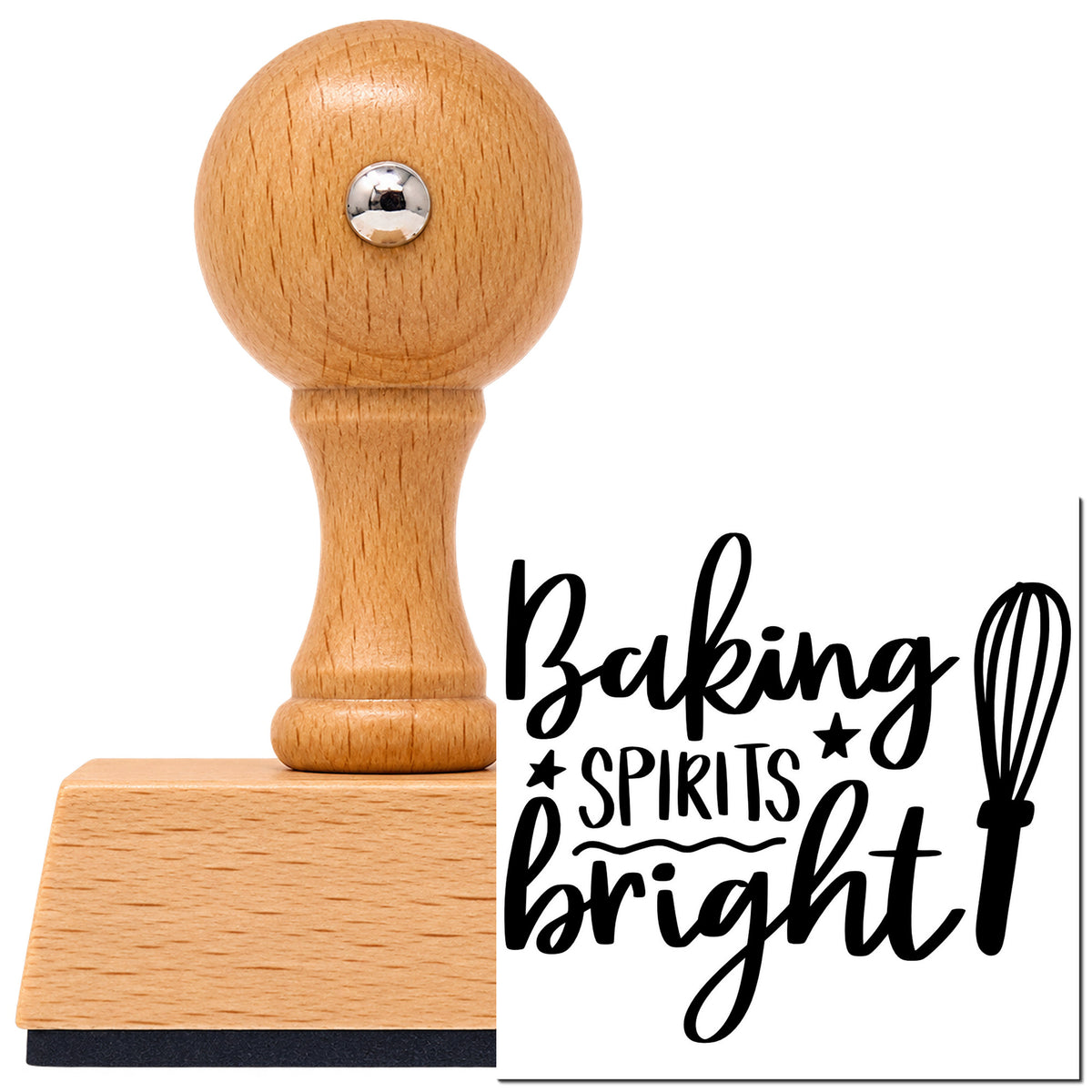 Vintage Pro beech wood stamp with a round knob handle, shown with its black Baking Spirits Bright Whisk imprint on white.