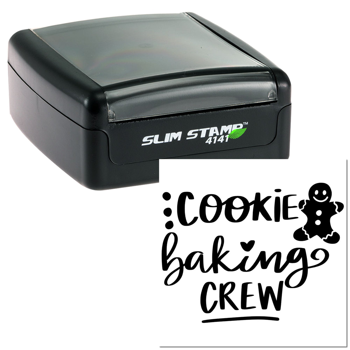 Black Slim Stamp 4141 self-inking stamp with white Cookie Baking Crew seal design and gingerbread figure icon
