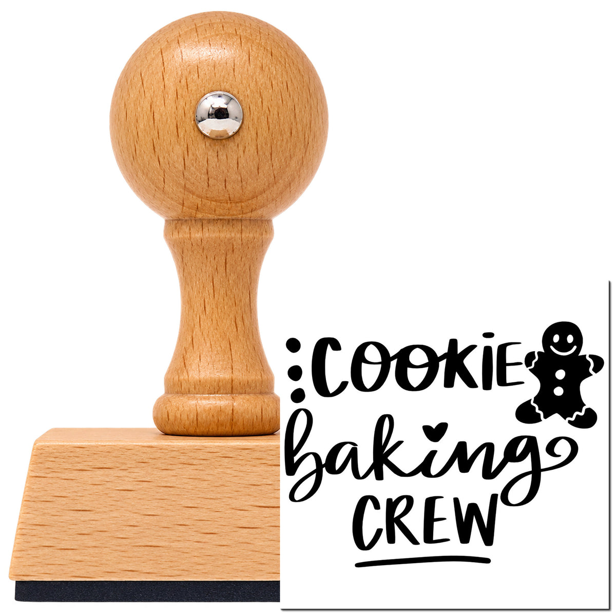 Vintage Pro beech wood stamp with a round knob handle, shown with its black Cookie Baking Crew Gingerbread imprint on white.
