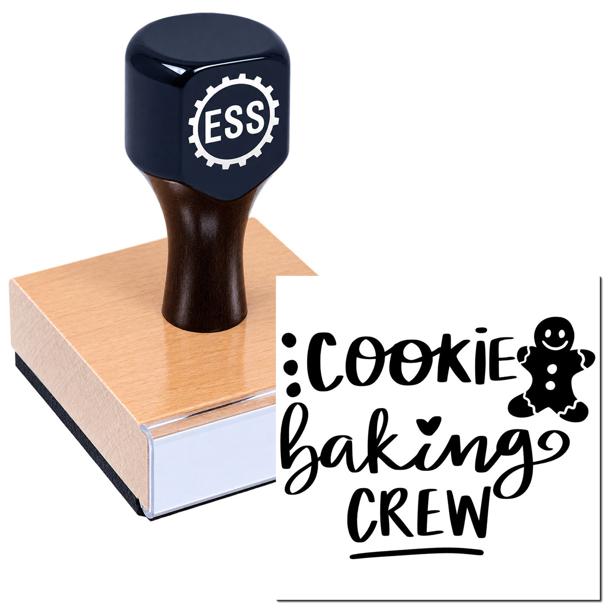 Dark navy ESS self-inking stamp on a brown base beside a black cookie baking crew seal design on white.