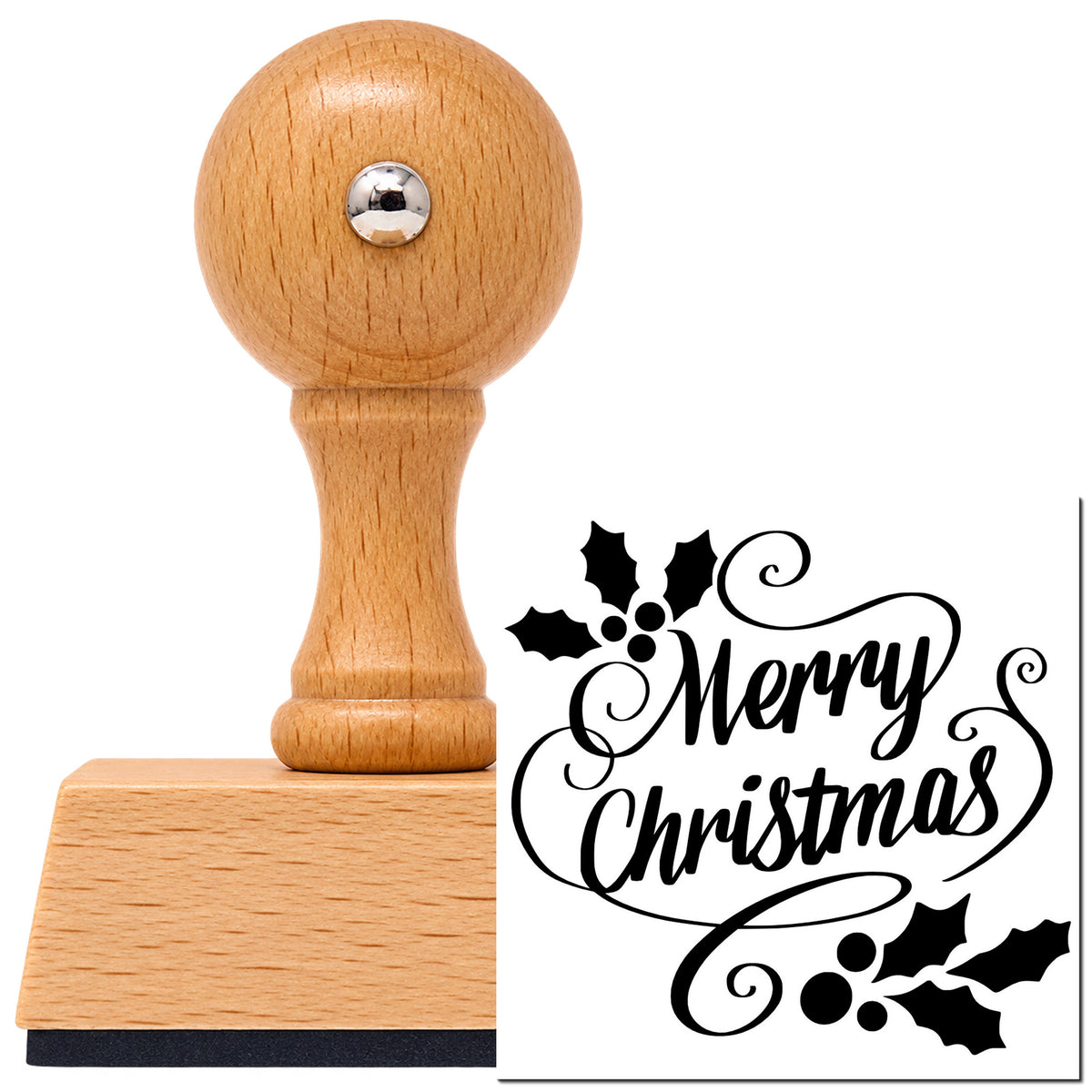 Vintage Pro beech wood stamp with a round knob handle, shown with its black Merry Christmas Holly Flourishes imprint on white.