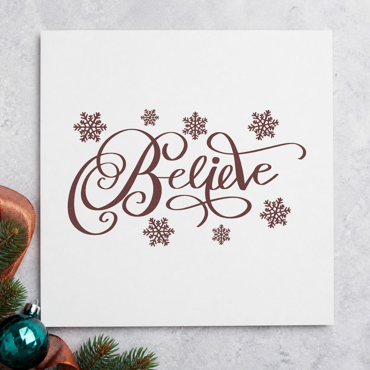 Believe Surrounded By Snowflakes rubber stamp printed in brown ink, ready for pattern guide sheet and similar paper crafts.