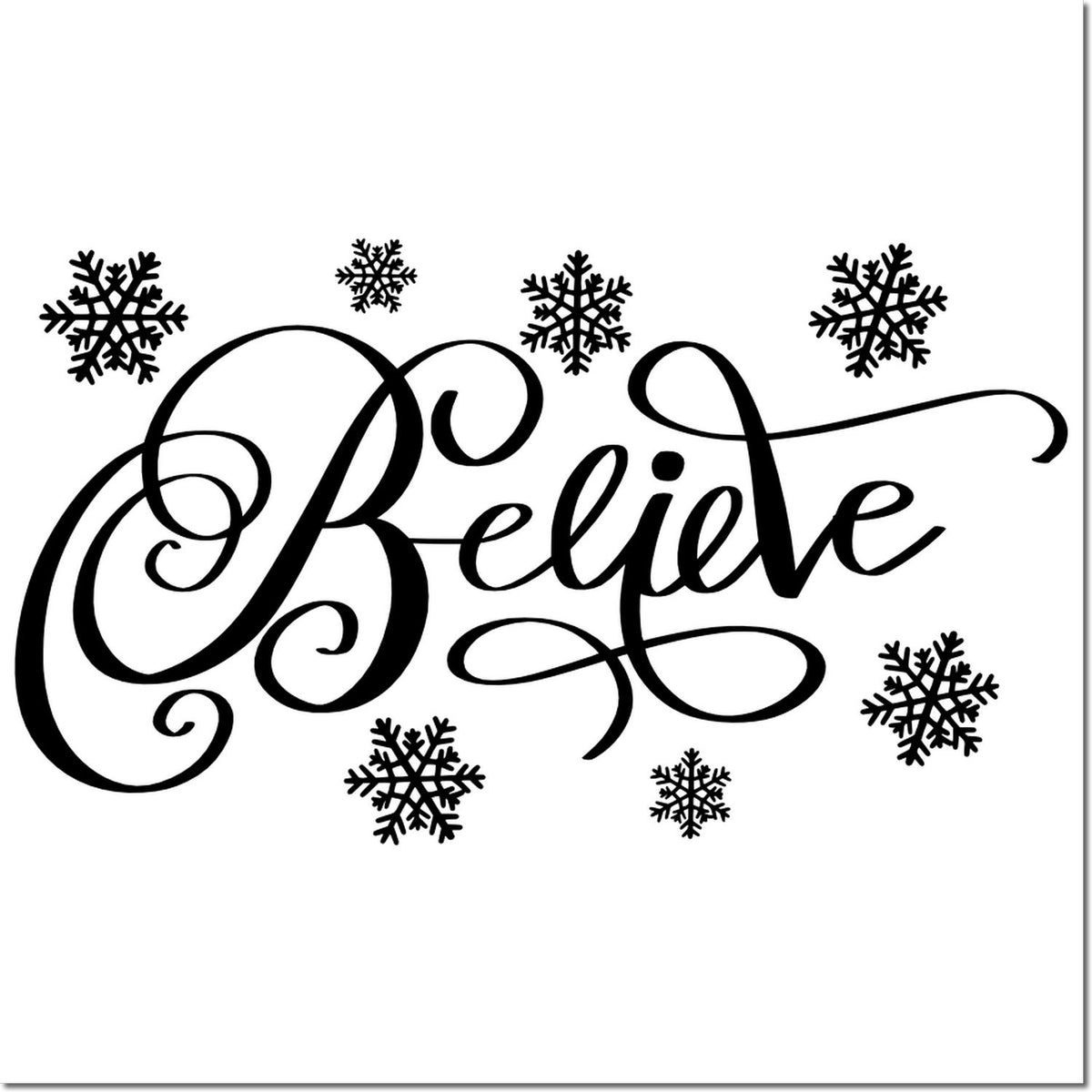 Black decorative stamp/seal reading Believe with snowflakes on a white background.