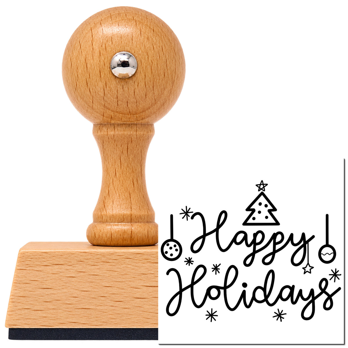 Vintage Pro beech wood stamp with a round knob handle, shown with its black Happy Holidays Tree Ornaments With Sparkles imprint on white.