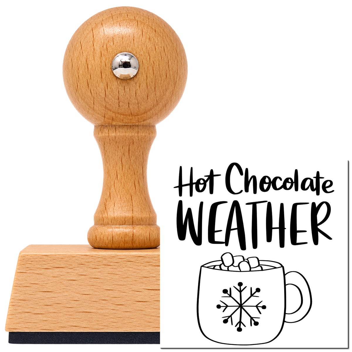 Vintage Pro beech wood stamp with a round knob handle, shown with its black Hot Chocolate Weather Mug imprint on white.