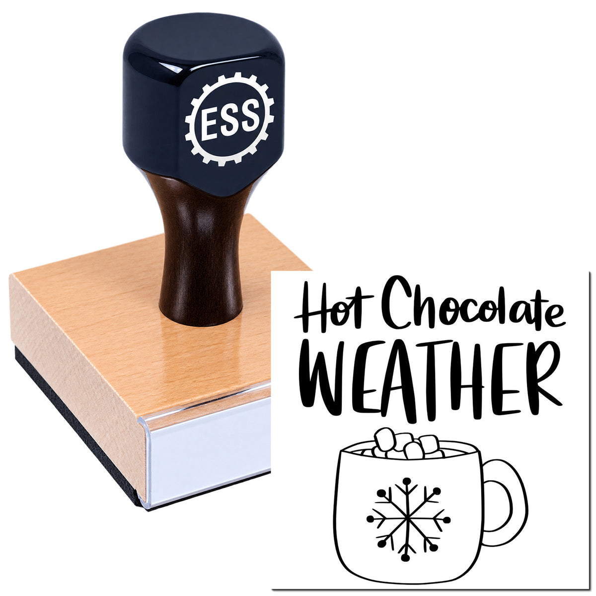Black ESS stamp and seal on wooden block, with Hot Chocolate Weather text and snowflake mug design