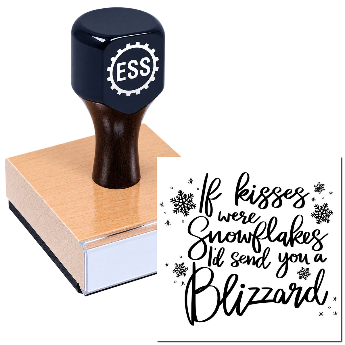 Black ESS stamp and copper seal block with snowflake design and "If kisses were snowflakes..." greeting on white background