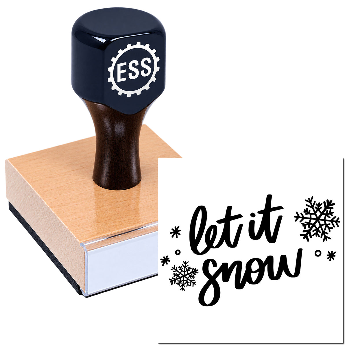 Navy ESS rubber stamp seal on wood base with black "let it snow" text and snowflakes.