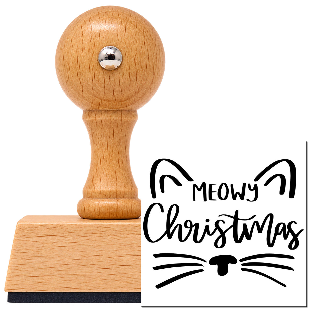 Vintage Pro beech wood stamp with a round knob handle, shown with its black Meowy Christmas Cat Face imprint on white.
