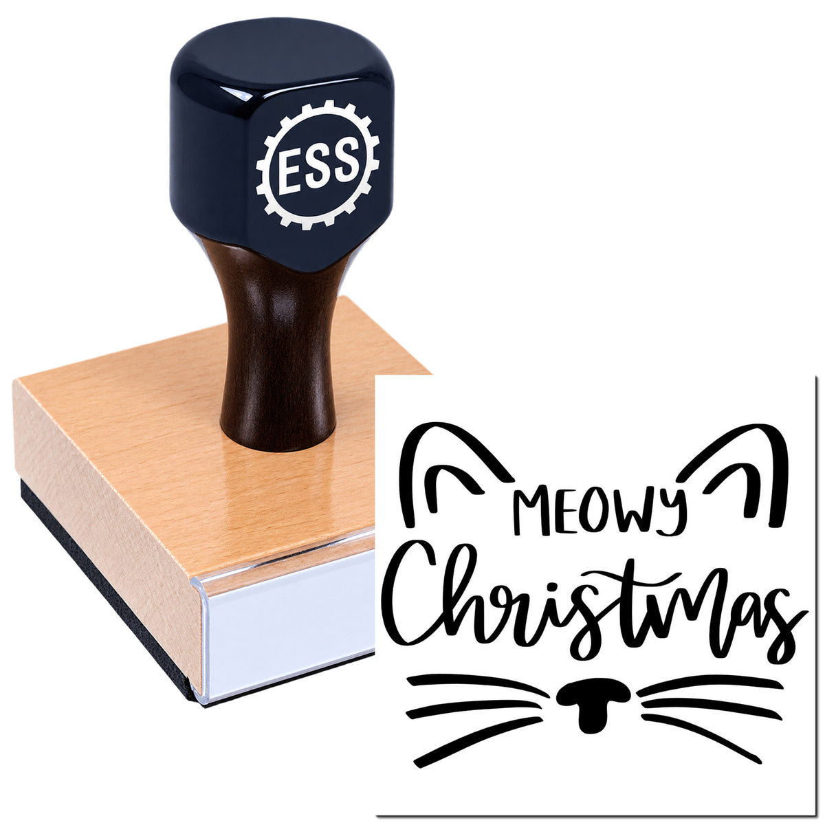 Black ESS self-inking stamp on wooden base with cat-themed "Meowy Christmas" seal design in black.