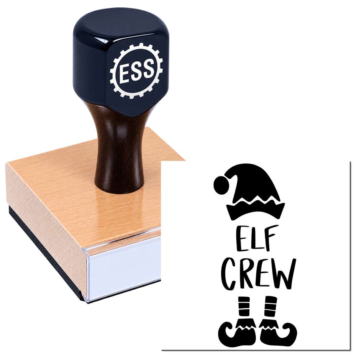 Black rubber stamp with ESS logo on wooden block, beside Elf Crew seal graphic on white background