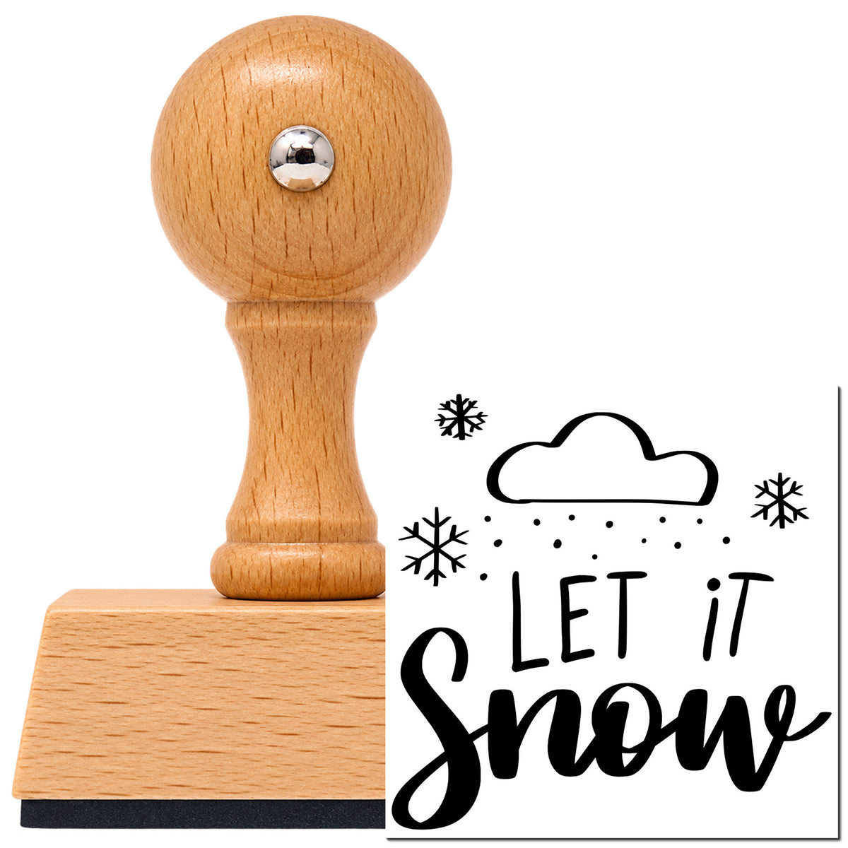 Vintage Pro beech wood stamp with a round knob handle, shown with its black Let It Snow Cloud imprint on white.