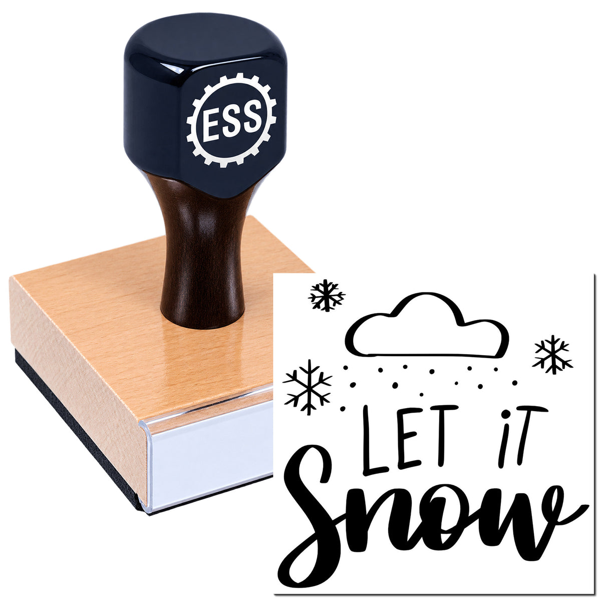 Navy self-inking stamp and seal on wood block, printing "Let It Snow" with cloud and snowflake design.