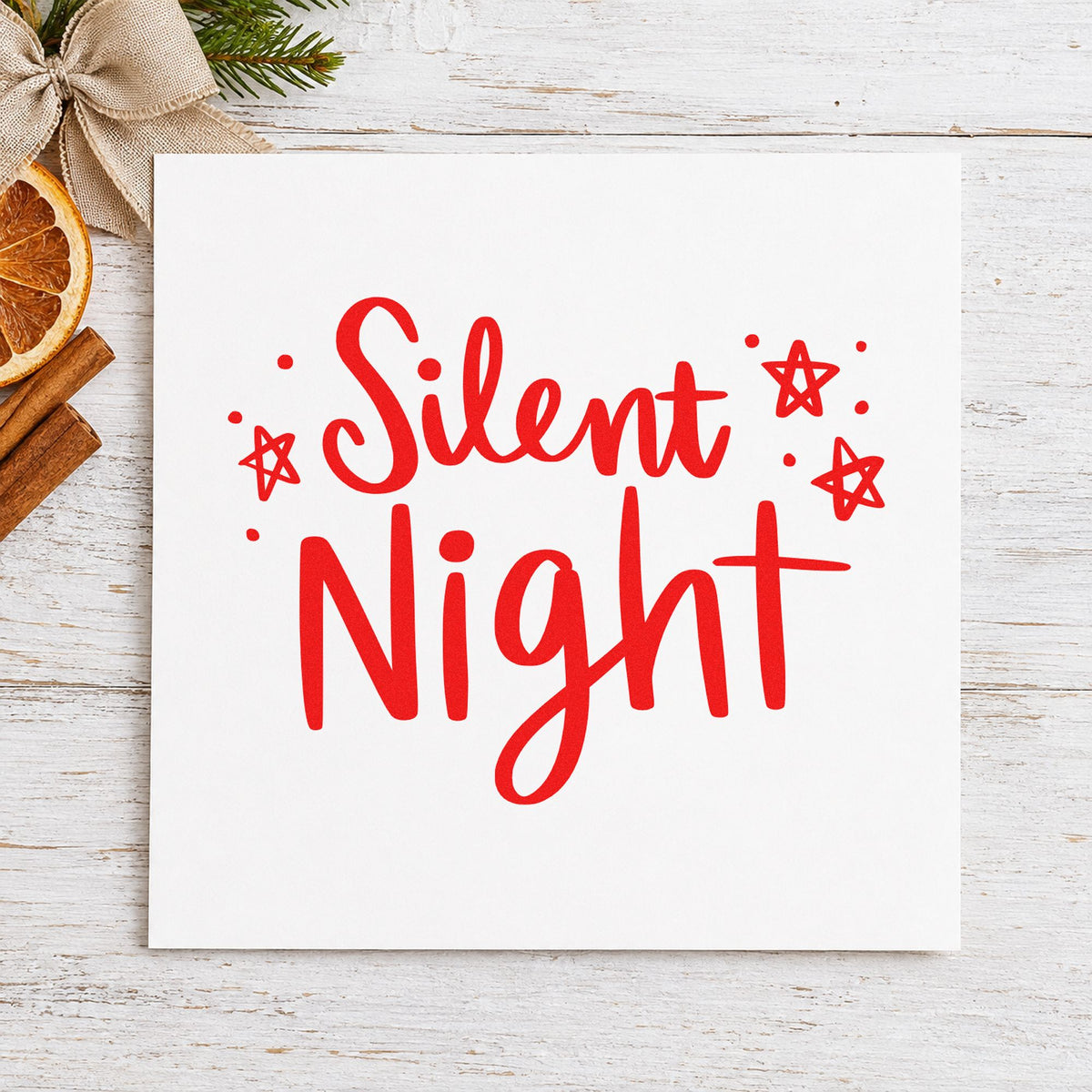 Silent Night Hand Lettering craft stamp in red ink on cardstock, an easy option for blackout panel ink.