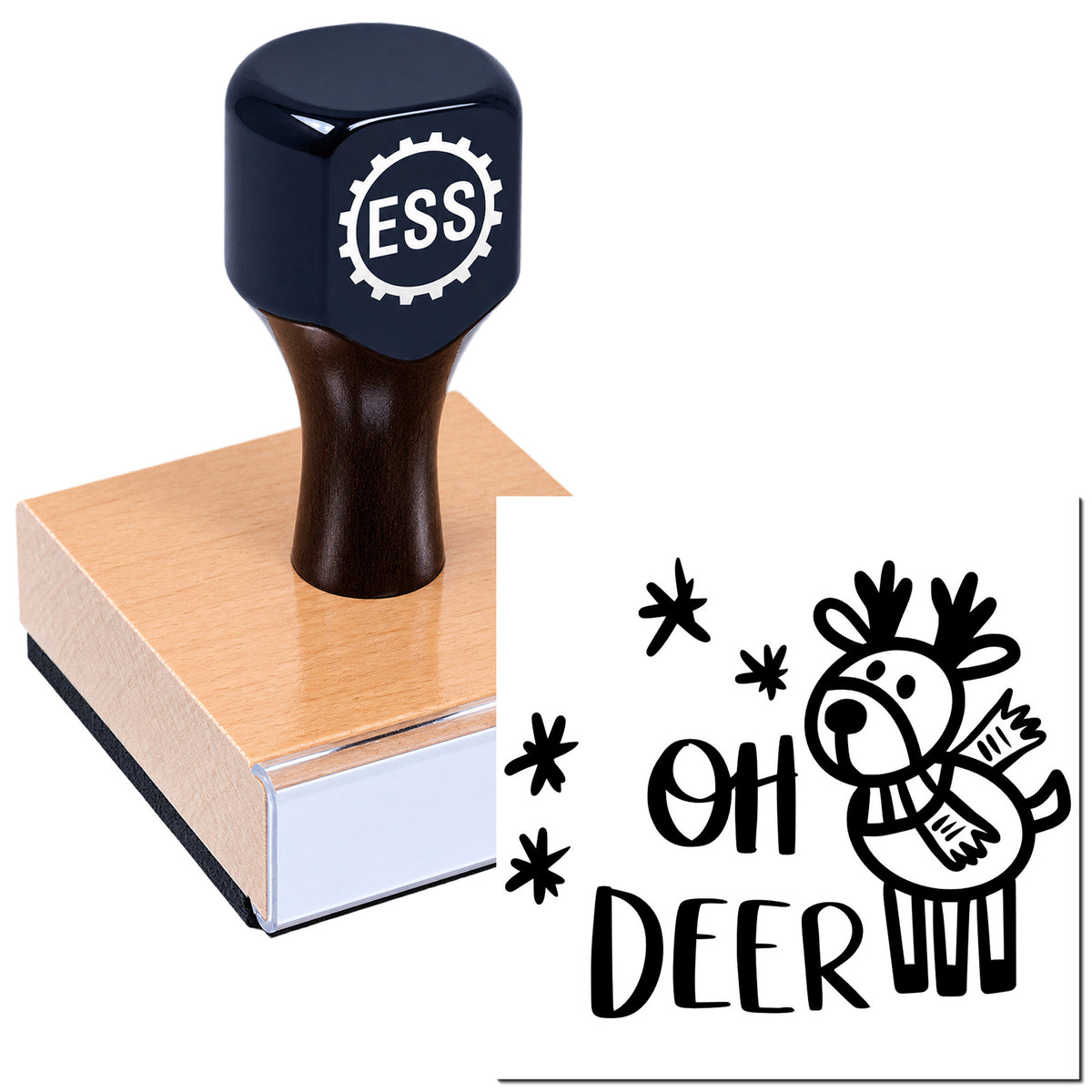 Black ESS rubber stamp on wood block, stamping a black "OH DEER" deer design on white paper.