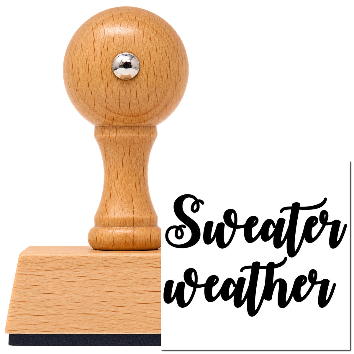 Vintage Pro beech wood stamp with a round knob handle, shown with its black Sweater Weather Brush Script Lettering imprint on white.