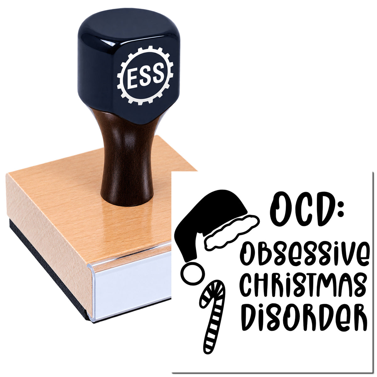 Dark navy custom seal stamp on wooden block with "OCD: Obsessive Christmas Disorder" text and candy cane icon.