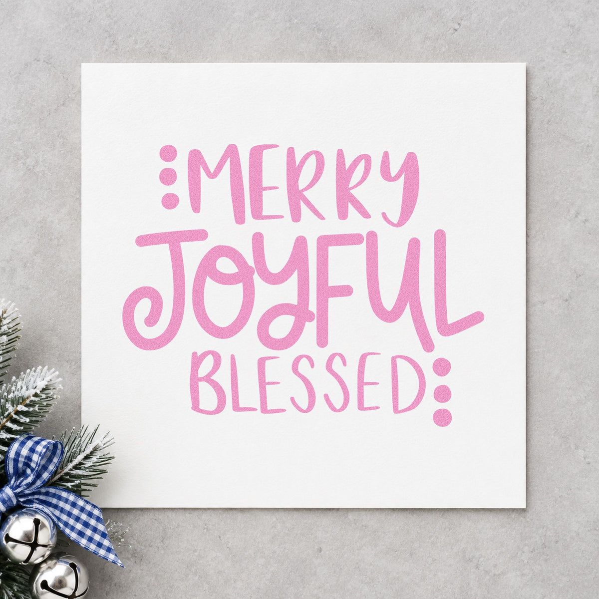 Merry Joyful Blessed Dots craft stamp in purple ink on cardstock, an easy option for edge rule album.