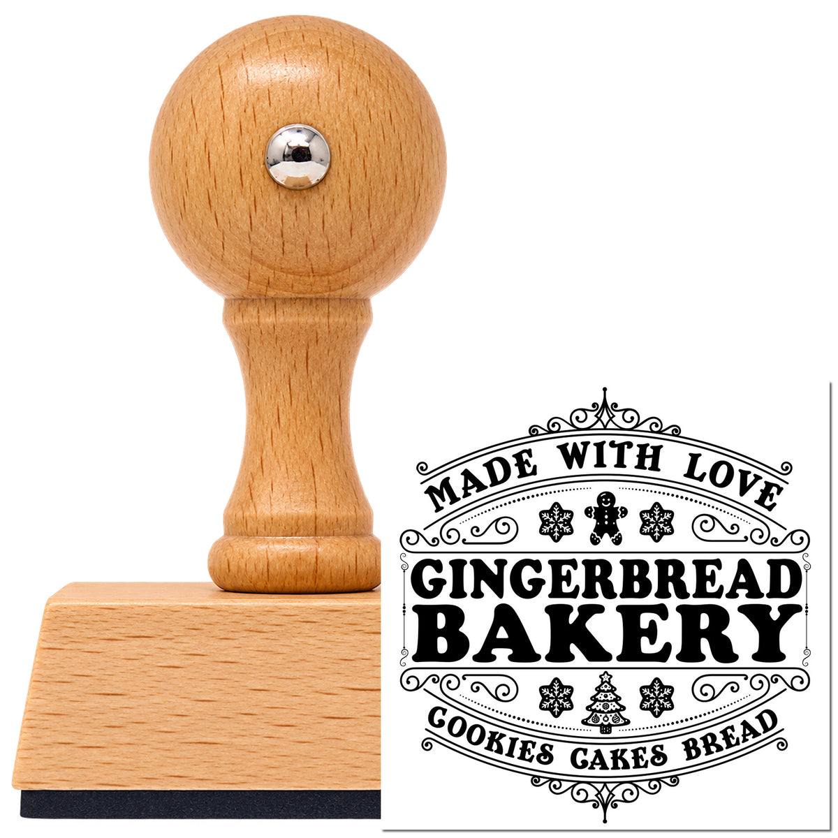 Vintage Pro beech wood stamp with a round knob handle, shown with its black Made With Love Gingerbread Bakery imprint on white.