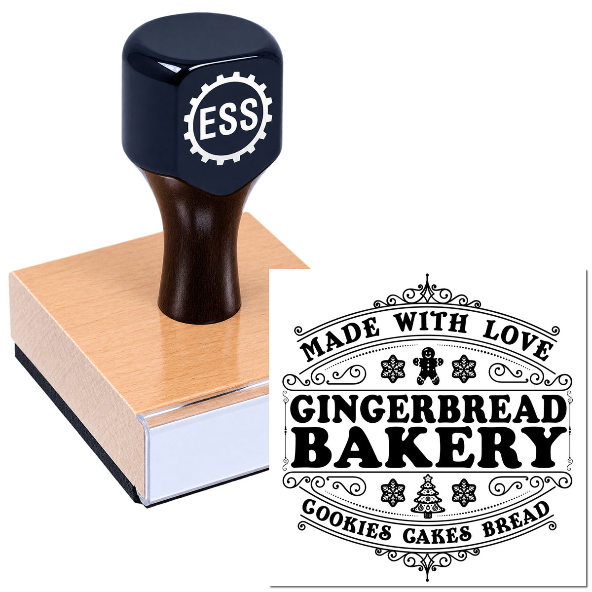 Black bakery stamp and seal tool pressing a brown seal, with ornate "Made with Love Gingerbread Bakery" design.