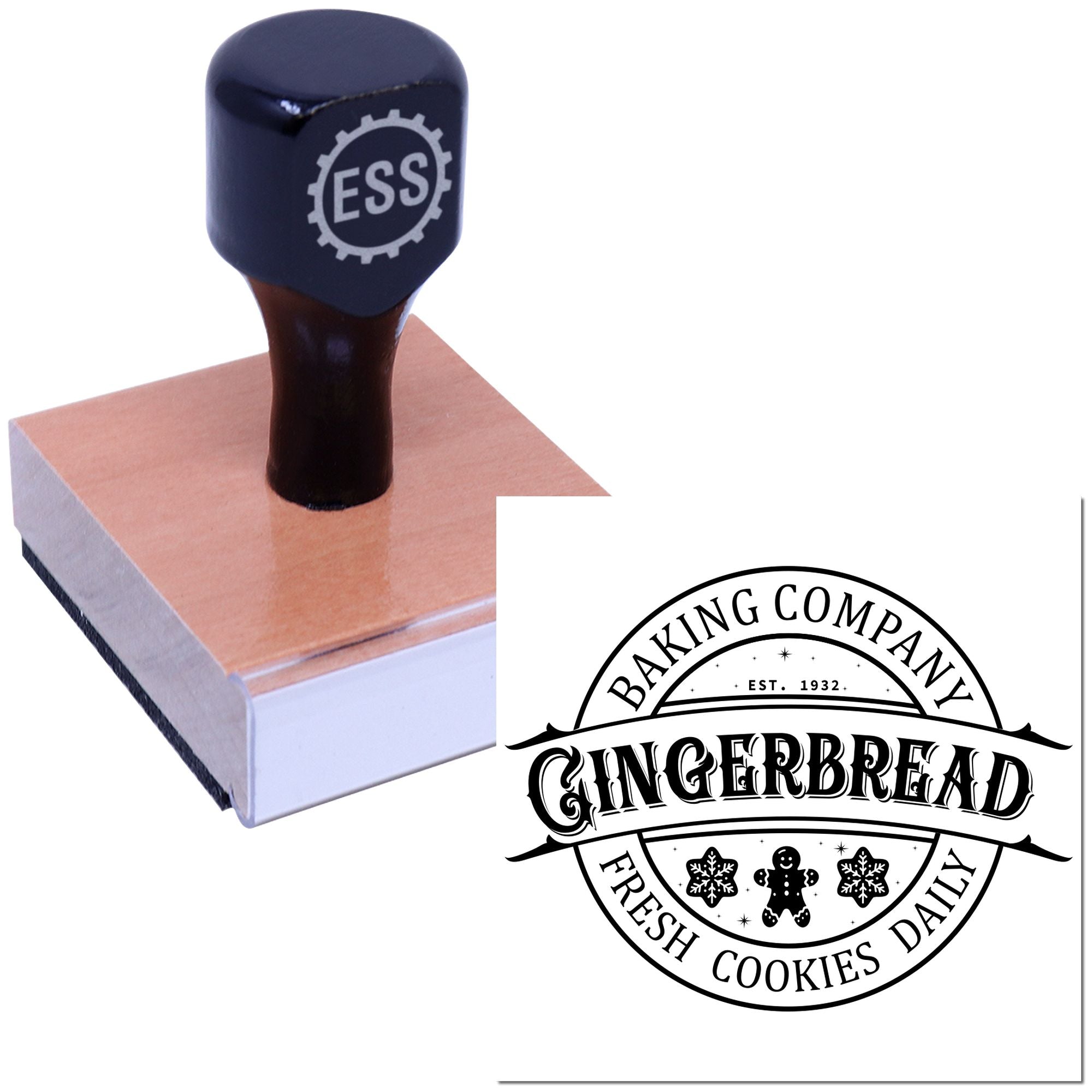 Black custom rubber stamp on wood block with ESS logo and sample gingerbread bakery seal design on white background.