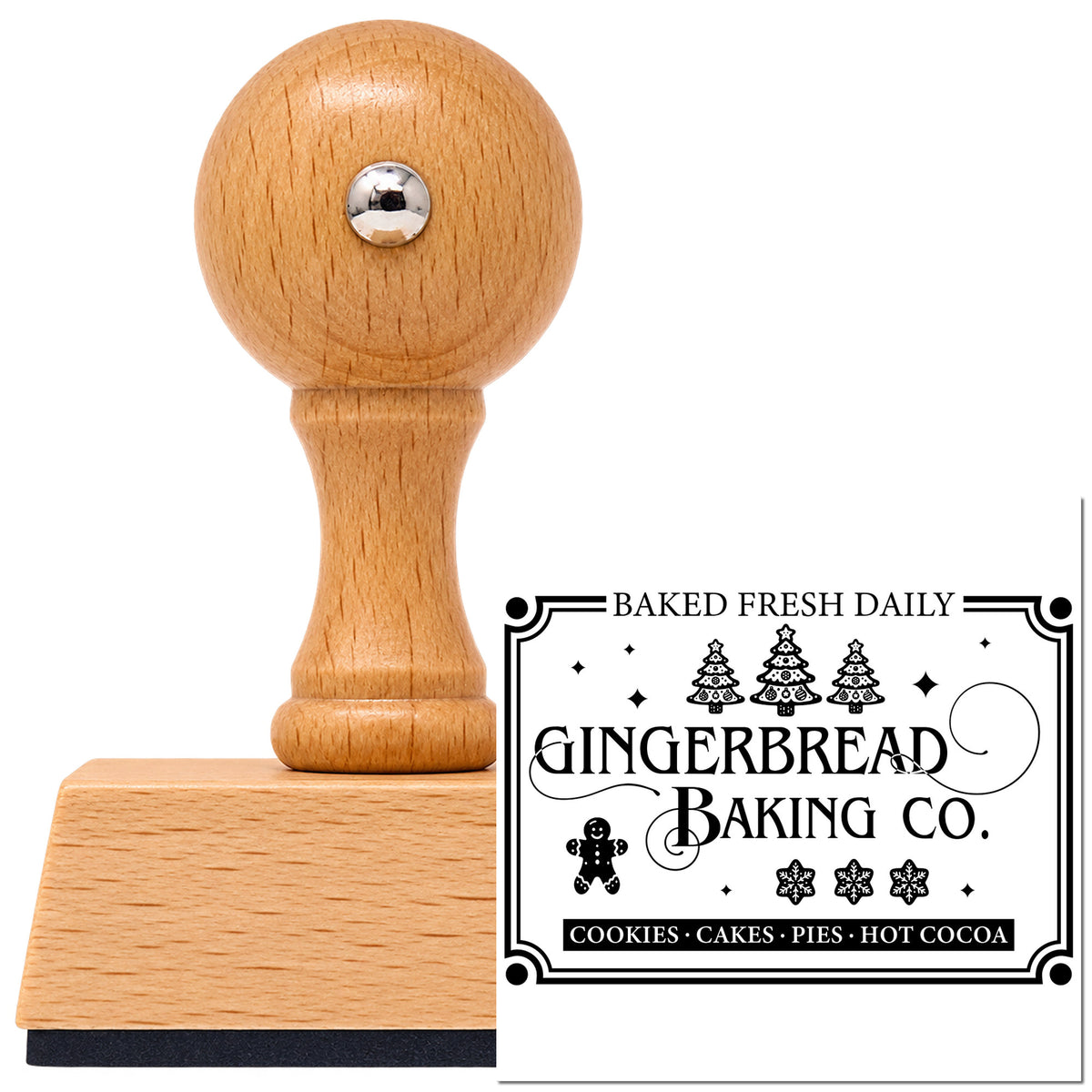 Vintage Pro beech wood stamp with a round knob handle, shown with its black Gingerbread Baking Company Daily Tree Motif imprint on white.