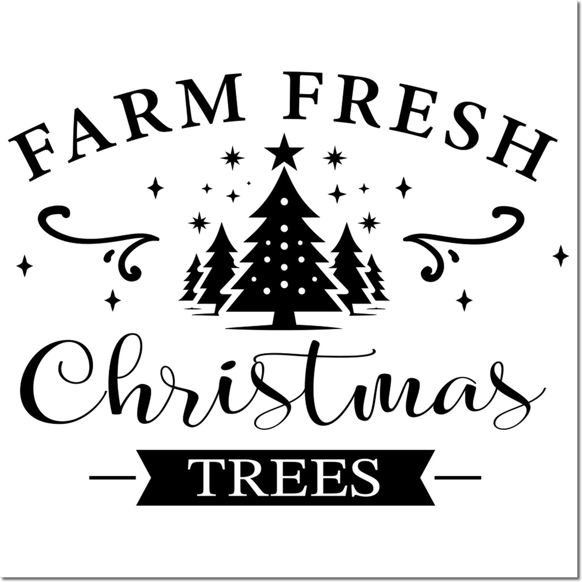 Black Farm Fresh Christmas Trees stamp seal with stylized pine trees, stars, and decorative script on a white background.