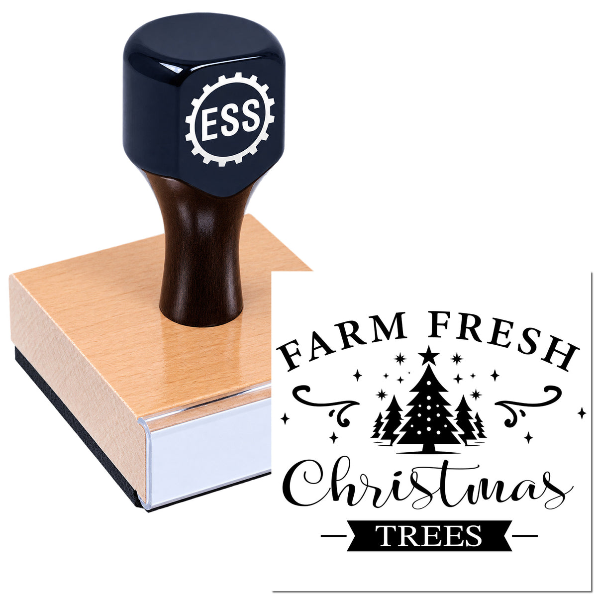 Dark blue handled stamp with ESS logo on wooden base, next to black Farm Fresh Christmas Trees seal design.