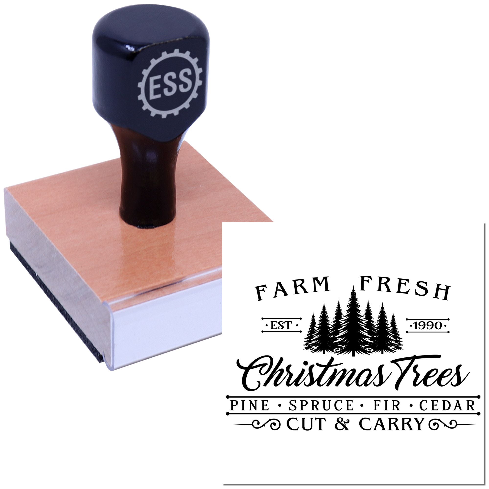 Black ESS rubber stamp on wooden block, showing a Farm Fresh Christmas Trees seal with pine trees and rustic text.