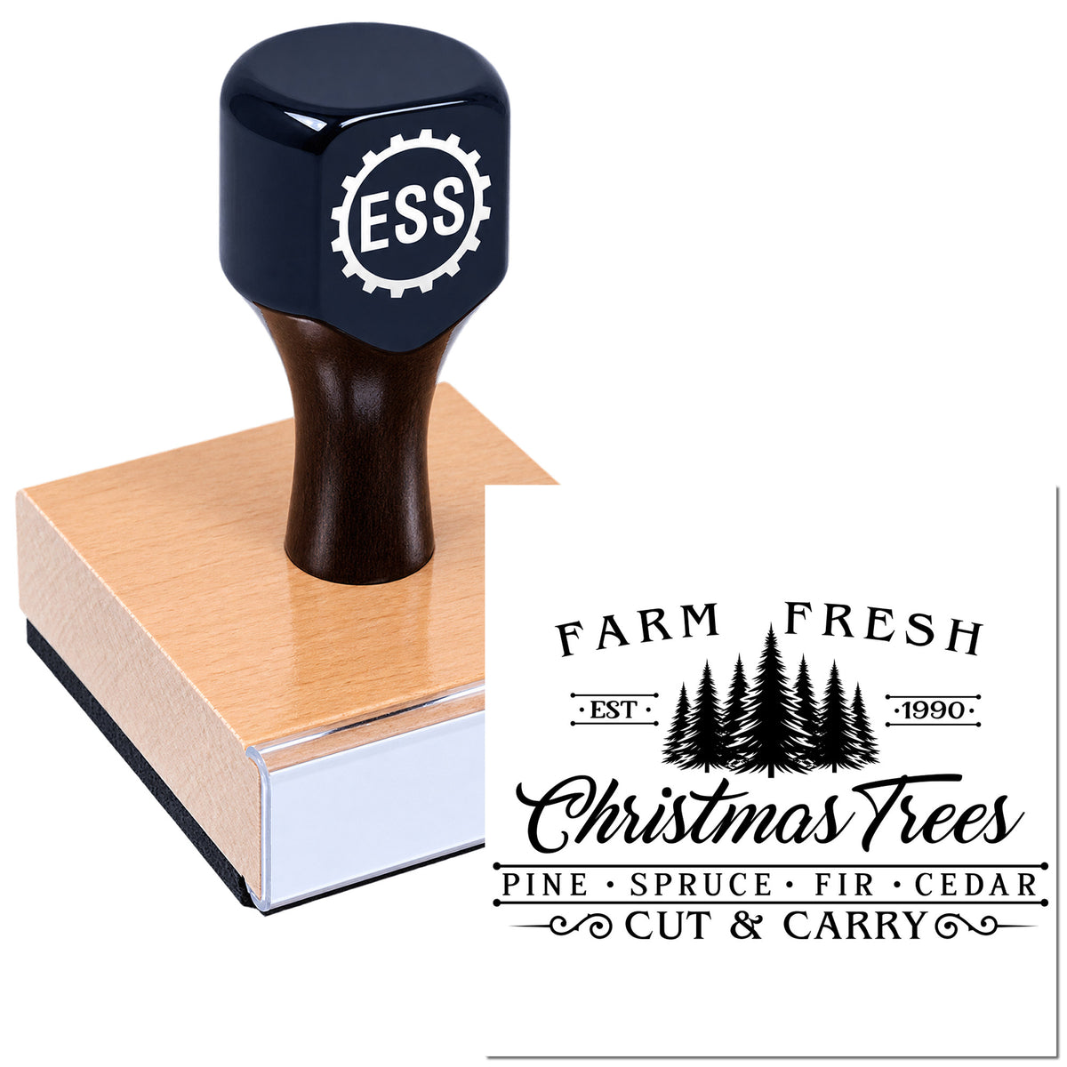 Black ESS rubber stamp on wooden block, showing a Farm Fresh Christmas Trees seal with pine trees and rustic text.