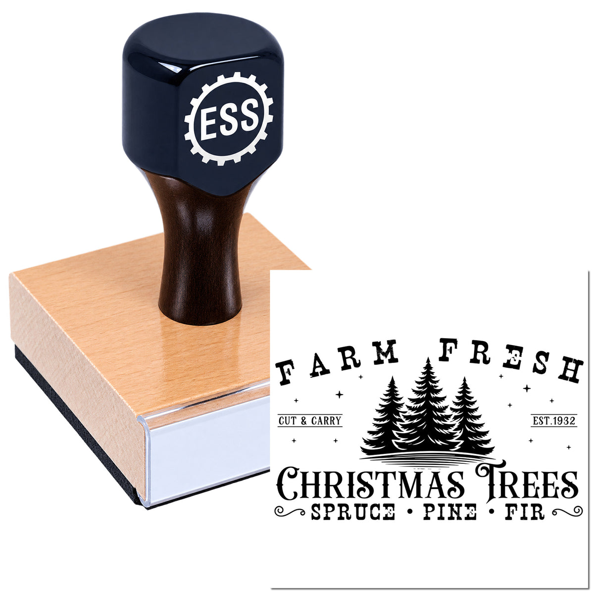 Dark blue ESS wooden stamp and black seal reading Farm Fresh Christmas Trees, with spruce, pine and fir graphics.