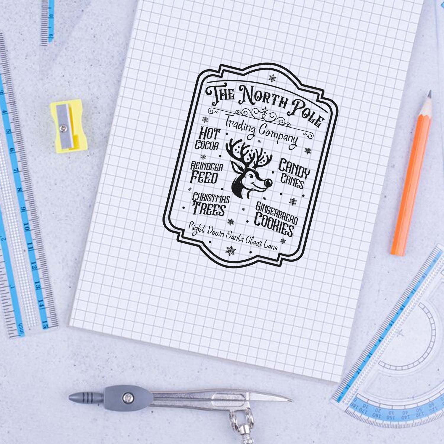 Black Christmas stamp seal for The North Pole Trading Company with reindeer and festive labels on grid paper.