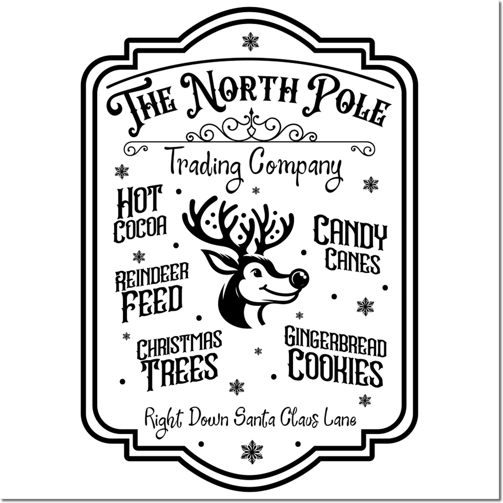 Black-and-white stamp seal with reindeer, ornate border, and holiday treats: hot cocoa, candy canes, cookies, and Christmas trees.
