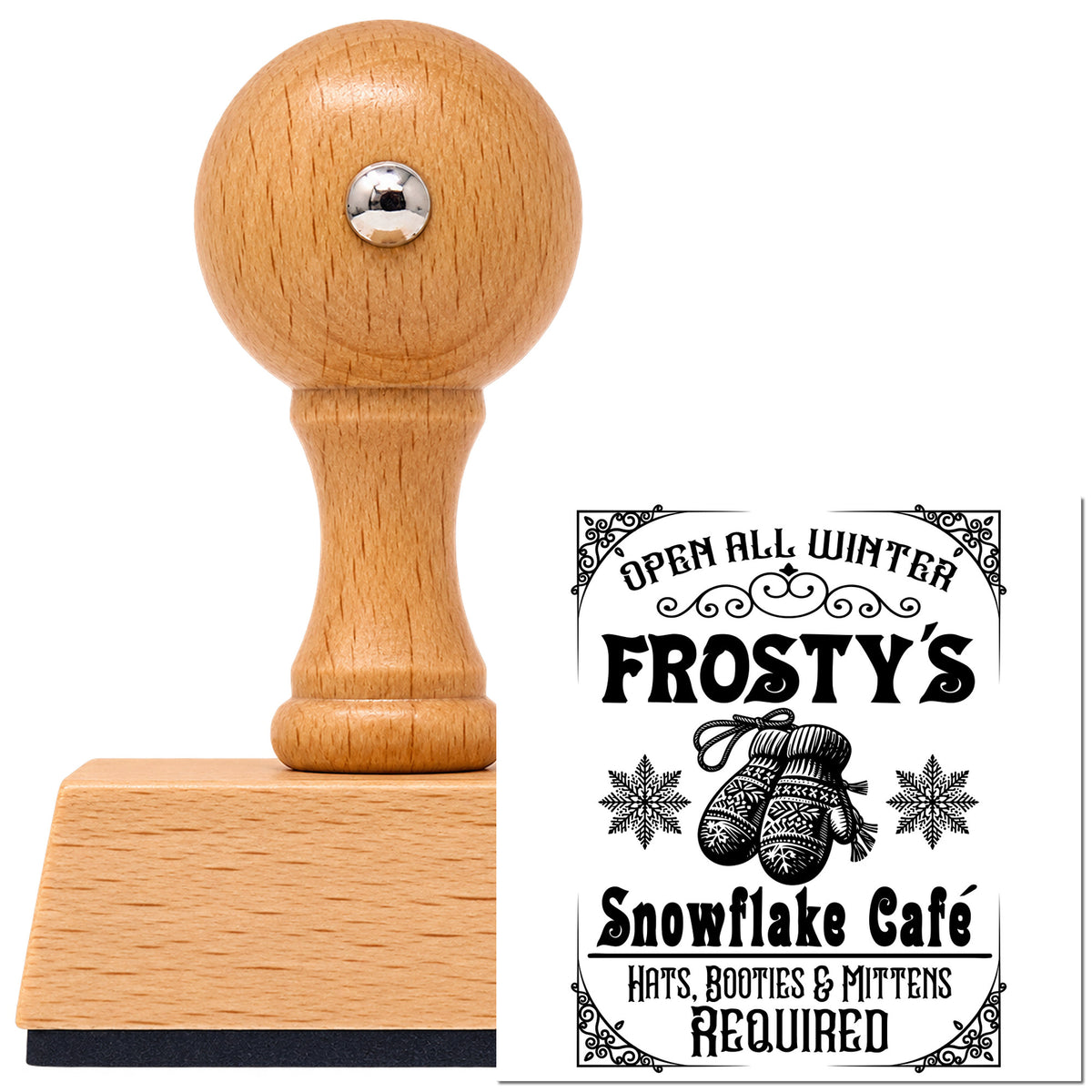 Vintage Pro beech wood stamp with a round knob handle, shown with its black Frosty's Snowflake Cafe Sign imprint on white.