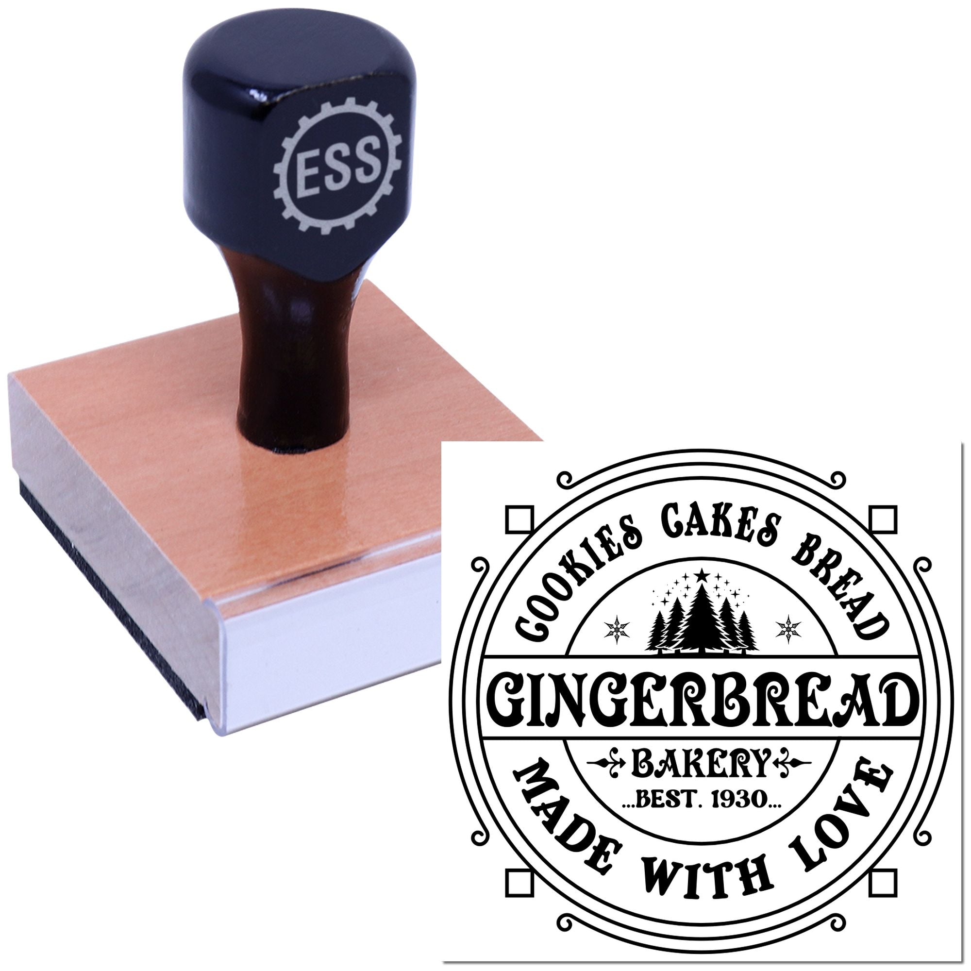 Dark blue bakery stamp with pink wooden handle, featuring a gingerbread seal for cookies, cakes, bread and love.