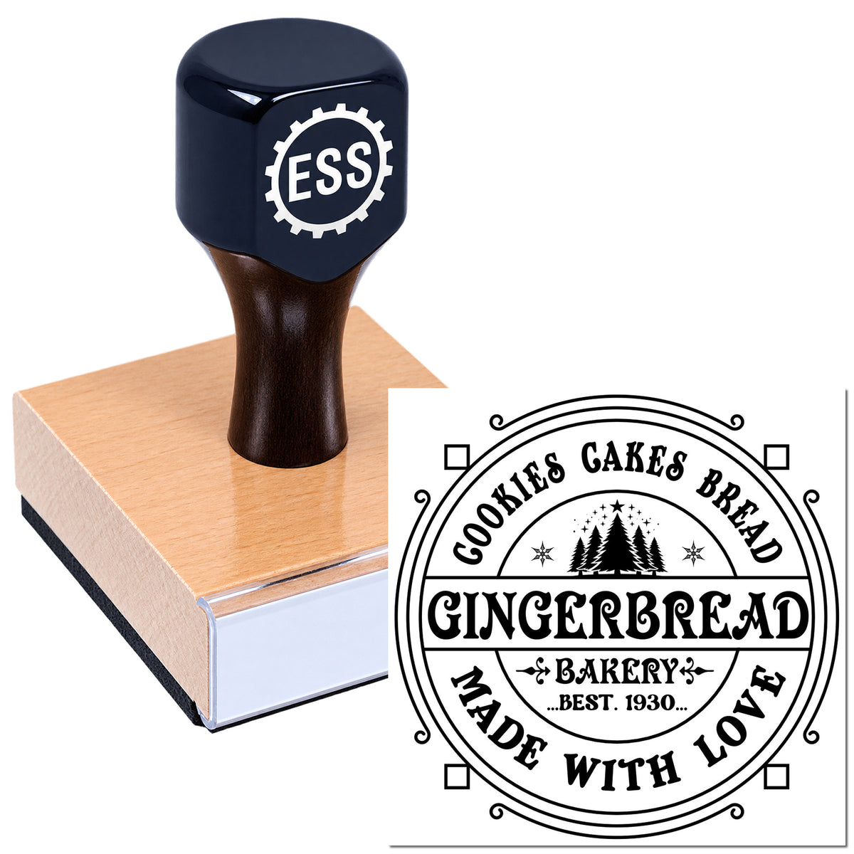Dark blue bakery stamp with pink wooden handle, featuring a gingerbread seal for cookies, cakes, bread and love.