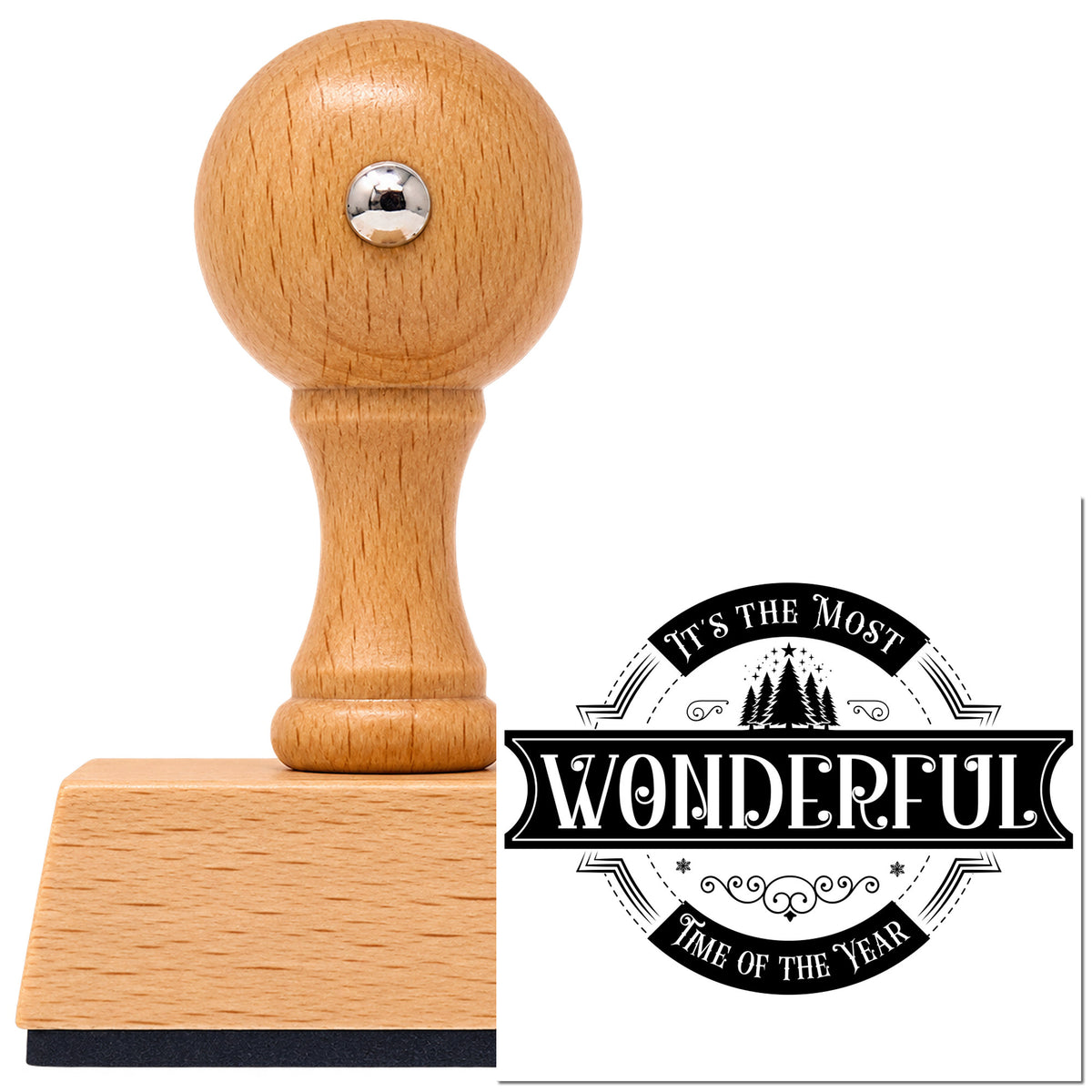 Vintage Pro beech wood stamp with a round knob handle, shown with its black Most Wonderful Time Badge imprint on white.