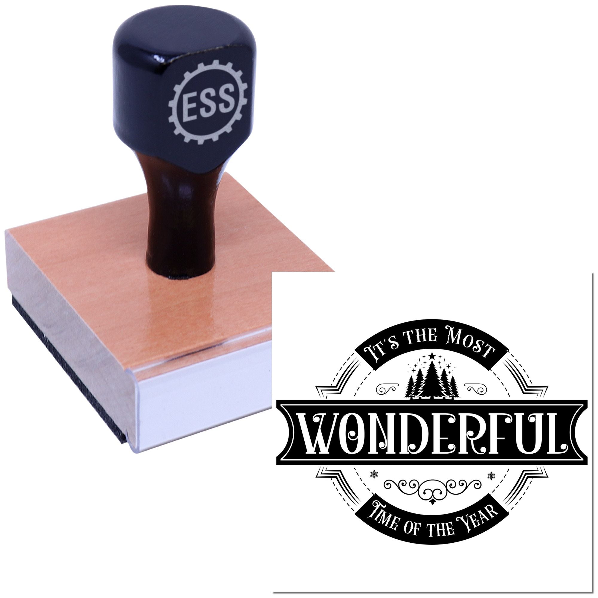Black ESS rubber stamp and seal on a wooden block, with a black-and-white Wonderful seal imprint sample.