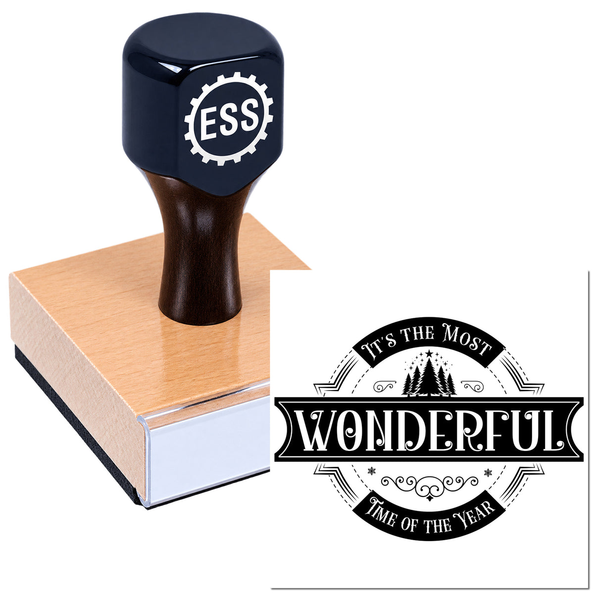 Black ESS rubber stamp and seal on a wooden block, with a black-and-white "Wonderful" seal imprint sample.