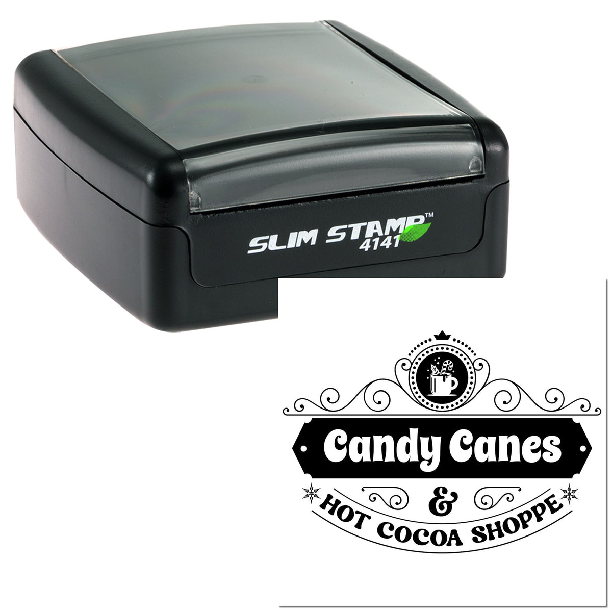 Black Slim Stamp 4141 self-inking stamp with decorative black seal for Candy Canes & Hot Cocoa Shoppe on white background
